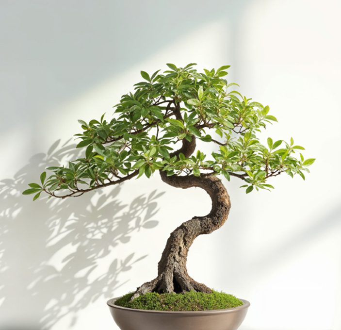 A beautifully shaped bonsai tree with lush green leaves in a simple pot.