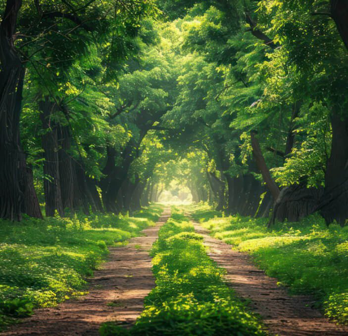 A sunlit forest path surrounded by lush green trees.